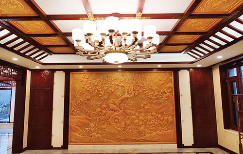 龙湖中式别墅客厅中式木作横梁吊顶装饰展示
